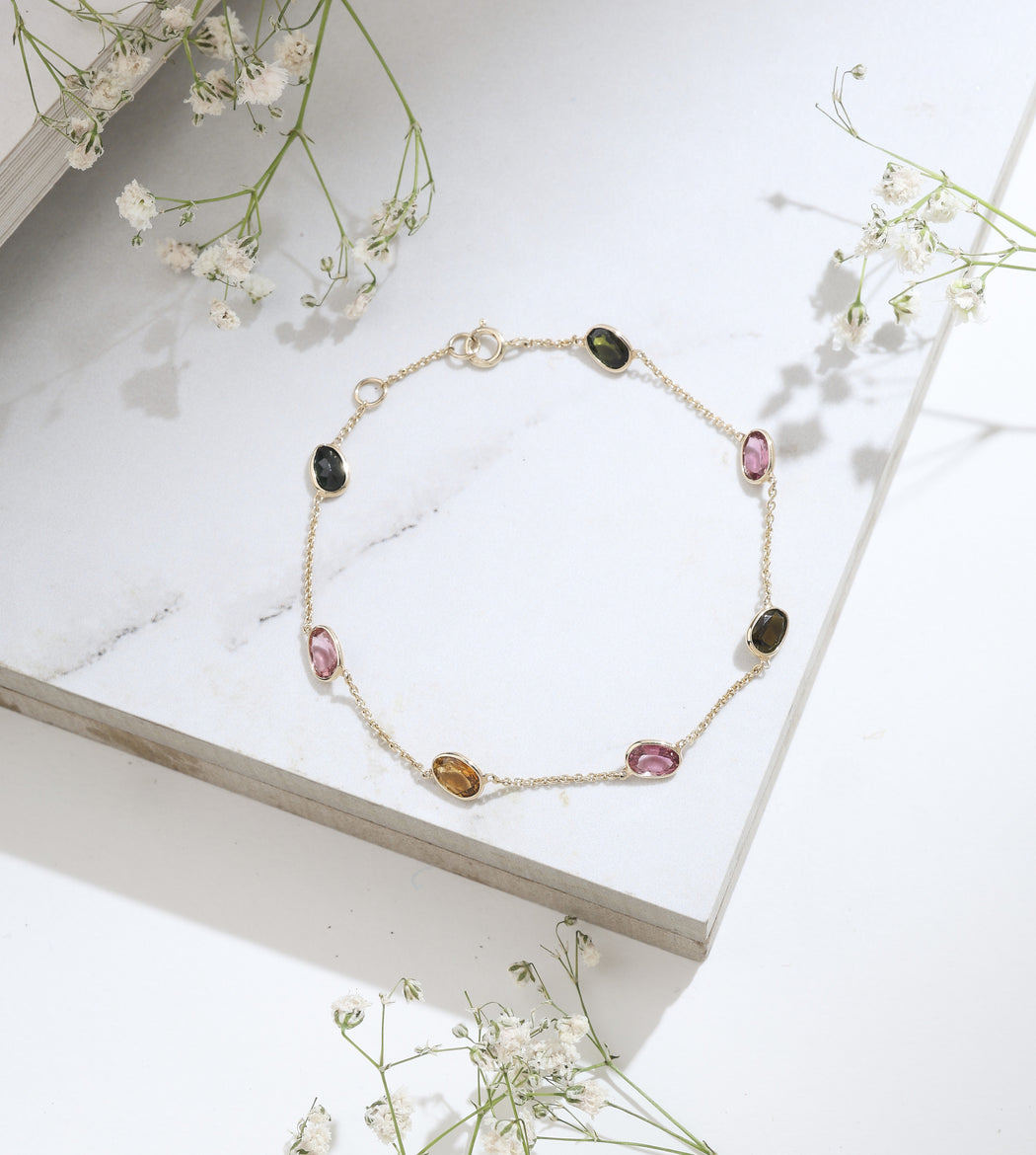 Multi-colour tourmaline 14k gold bracelet