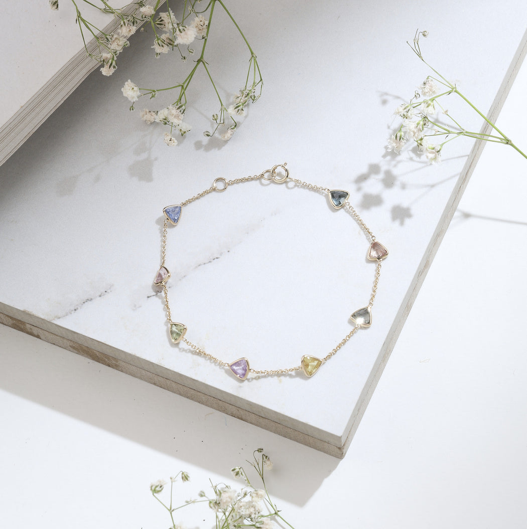 Multi-colour sapphire 14k gold bracelet