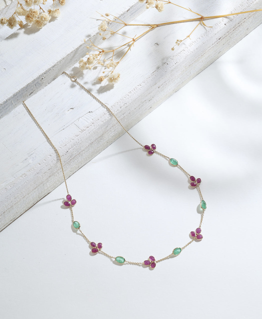Emerald and ruby floral 14k gold necklace