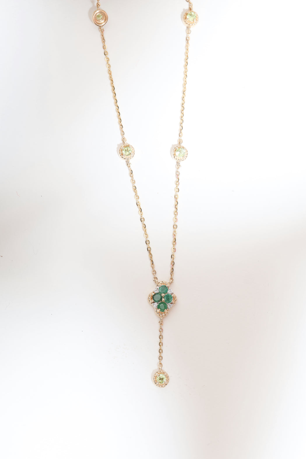 Emerald and peridot with white sapphire 14k gold Necklace