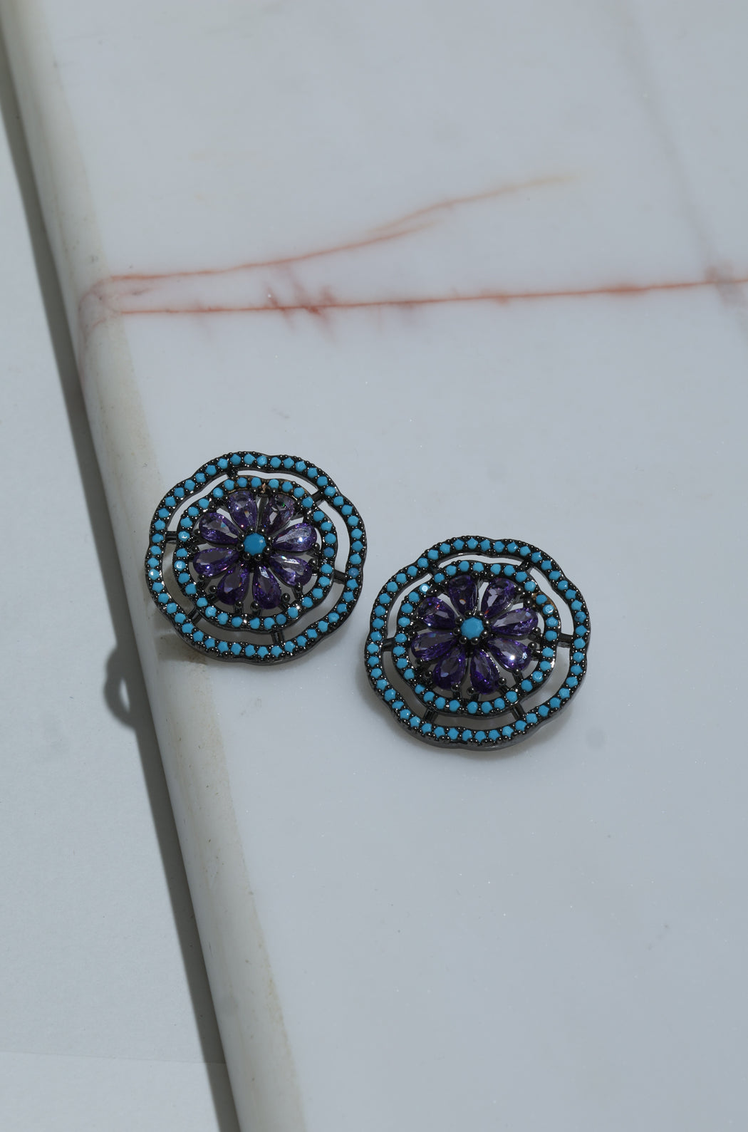 Amethyst and Turquoise black rhodium stud earrings