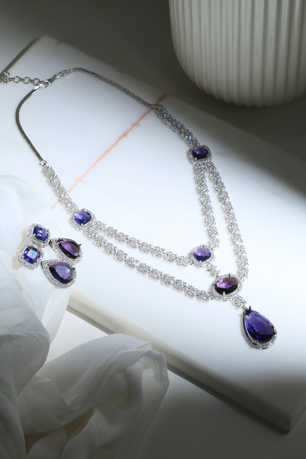 Amethyst and diamond double layer bridal necklace