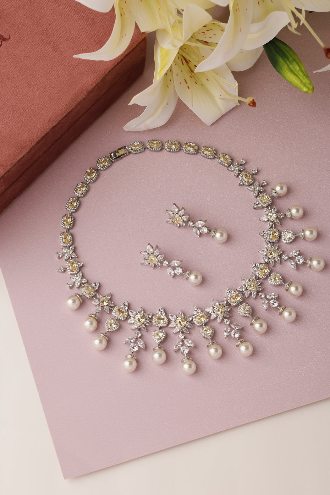 Yellow sapphire pearl and diamond bridal set