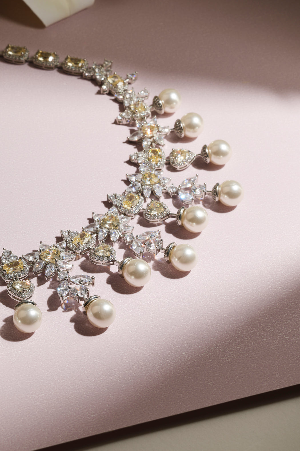 Yellow sapphire pearl and diamond bridal necklace