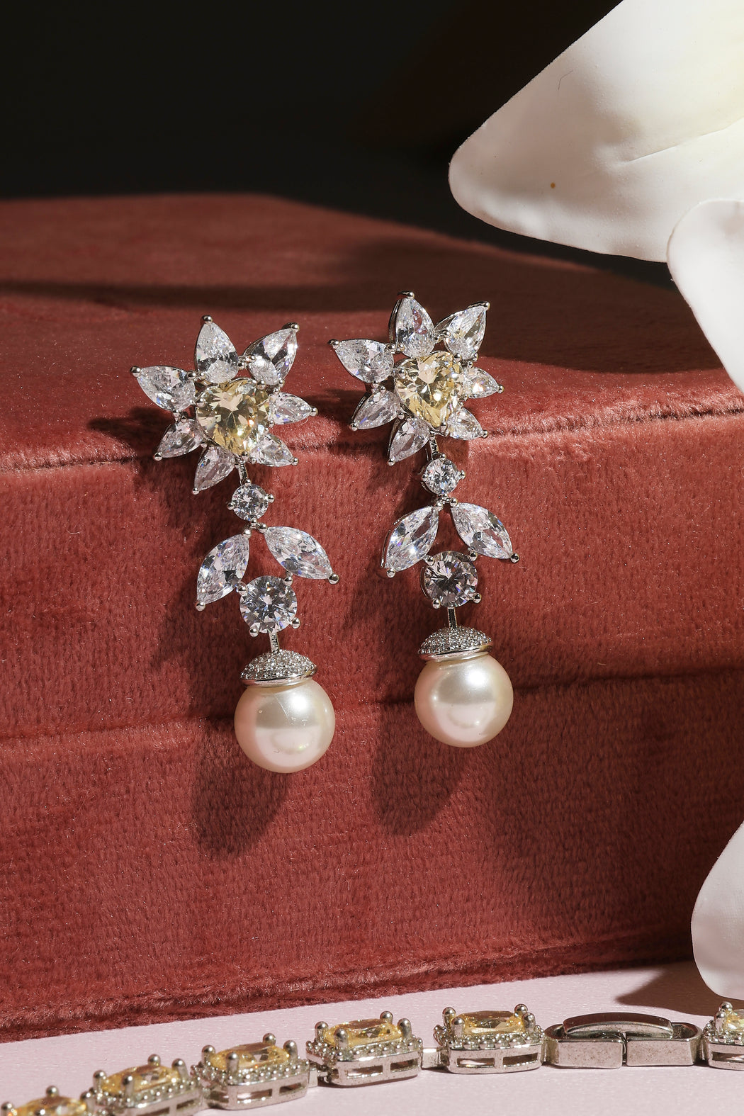 Yellow sapphire pearl and diamond earrings