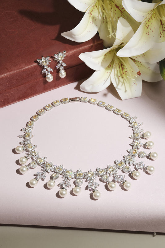 Yellow sapphire pearl and diamond bridal necklace