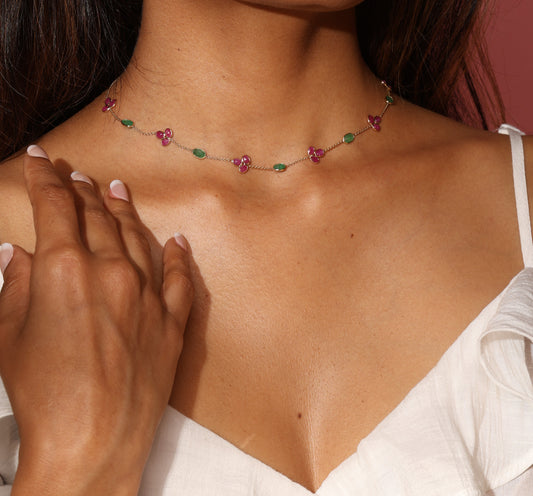 Emerald and ruby floral 14k gold necklace
