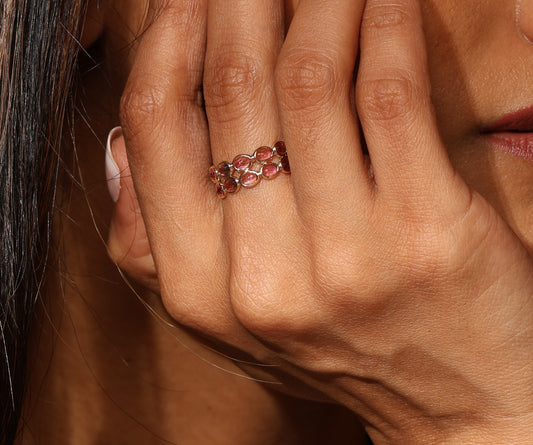 Pink tourmaline double band 14k gold ring