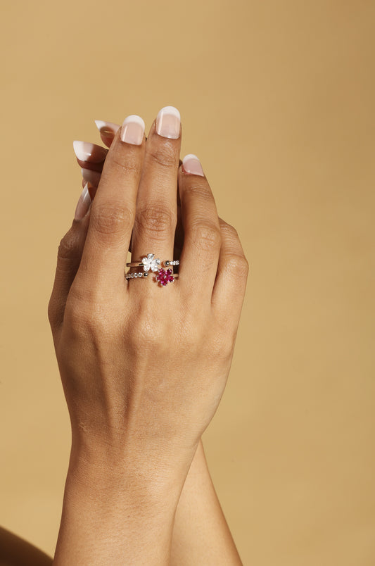 Ruby and diamond double band flora ring