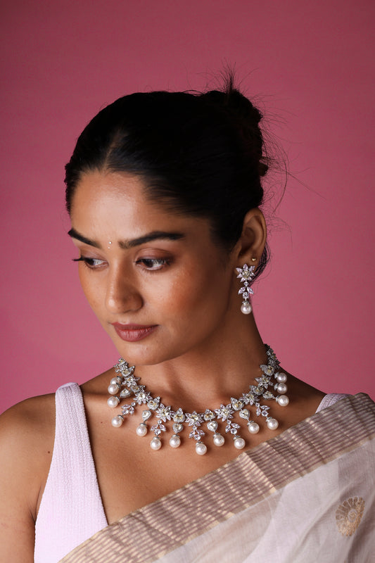 Yellow sapphire pearl and diamond bridal set