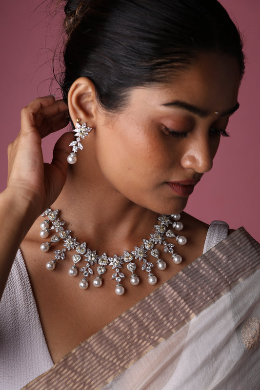 Yellow sapphire pearl and diamond bridal necklace