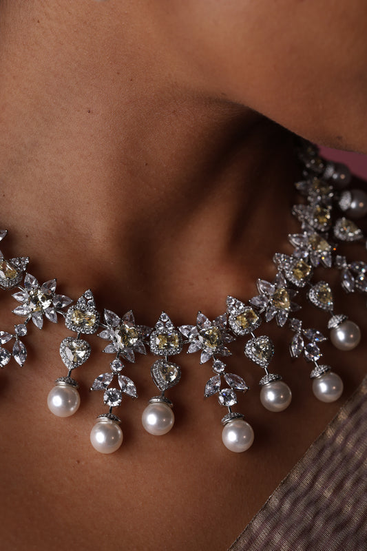 Yellow sapphire pearl and diamond bridal necklace