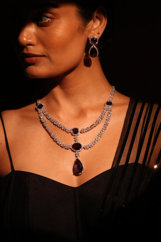 Amethyst and diamond double layer bridal necklace